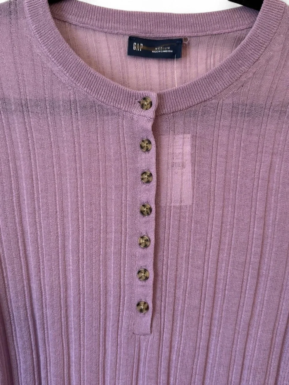 GAP Ribbed Henley Long Sleeve Top in amethyst purple sheer